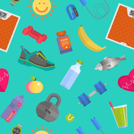 Fitness, gym, cardio, healthy diet and lifestyle eamless pattern with weight scales, sport wear and food vector illustration. Fitness and healthy diet background.のイラスト素材