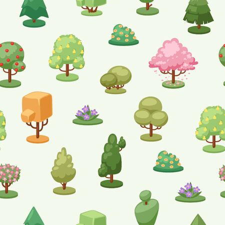 Trees plant element seamless pattern, vector illustration. Decorative ecology creative style, flat seasonal growth landscape. Green and colorful foliage, cartoon leaf and flowers on bush.のイラスト素材