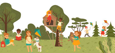 Cheerful group kid character playing together in outdoor park, treehouse children playground flat vector illustration. Girl boy play garden.のイラスト素材