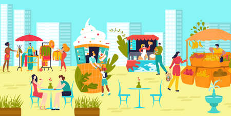 People male female character buy clothes, food street market and stall flat vector illustration. Urban background, city park with outdoor marketplace.のイラスト素材