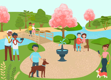 Lovely place for people, group human walk dog, cozy river character stroll outdoor garden flat vector illustration. Spring park.のイラスト素材