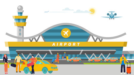 International and domestic airport concept banner, visitor male female character order taxi car flat vector illustration. Tourist people carry baggage.のイラスト素材