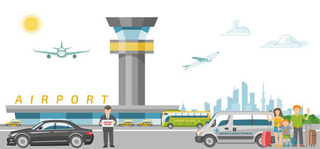 International airport banner, character traveler family order taxi car flat vector illustration. Tourist people carry baggage, travel around world.のイラスト素材
