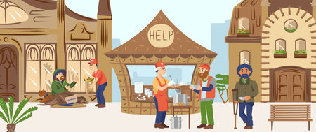 Volunteer character male help people, male feed poor needy people, disabled human receive support flat vector illustration.のイラスト素材