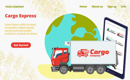 Cargo express concept landing page, lorry vehicle carry shipment, tablet gadget device cartoon vector illustration. Website online banner.のイラスト素材
