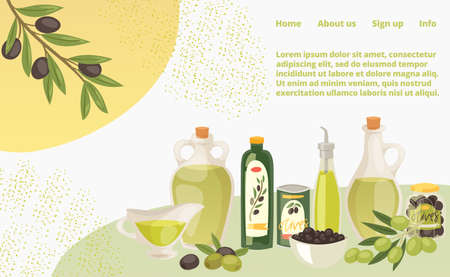 Natural organic olive oil concept landing page, extra virgin bottle butter cartoon illustration. Website online banner page.のイラスト素材
