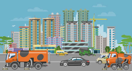 Concept urban cleaning equipment, vehicle sweeper wash city, car machine clean road surface cartoon vector illustration.のイラスト素材