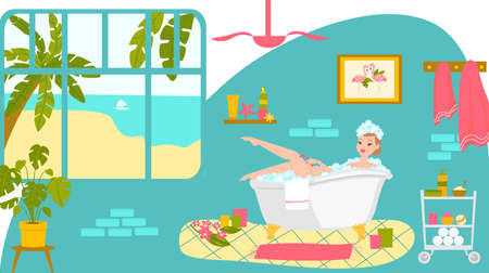 Relax bathroom care skin, woman character rest modern washroom design, female shave leg cartoon vector illustration. Window view tropical beach background.のイラスト素材