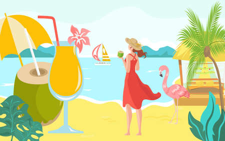 Vacation hot tropical country, woman character beach oceanfront with yacht, female drink coconut water cartoon vector illustration.のイラスト素材