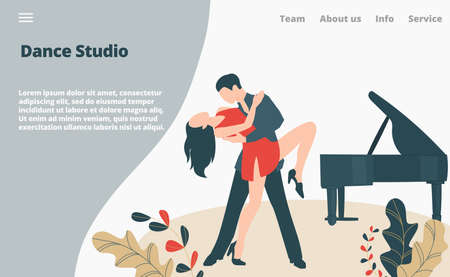 Dancer dance modern style, couple professional artist performer tango, landing page concept flat illustration. Website online text banner.のイラスト素材