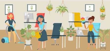 Group character office cleaning services, woman wash business workspace, concept banner tidying up cartoon vector illustration.のイラスト素材