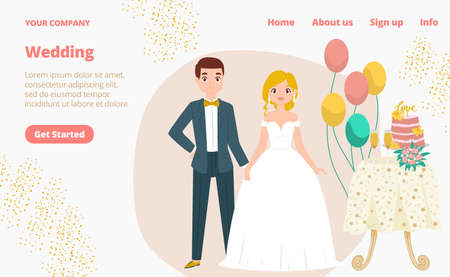 Pair wedding character in suit, modern style postcard, couple lover marry landing page concept flat illustration. Website online text banner.のイラスト素材
