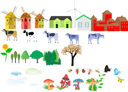 Great set of map creator with mountains, trees, buildings, andother objects.のイラスト素材