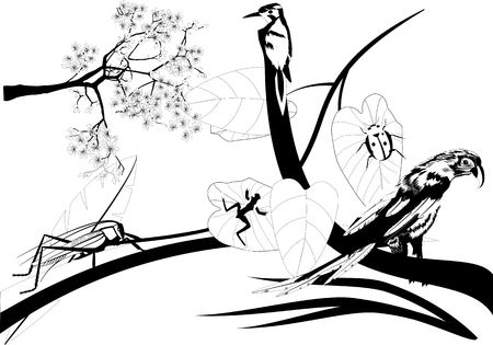 White black illustration of birds on branchのイラスト素材