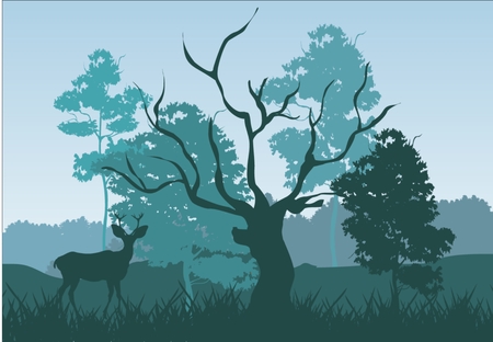 Natural landscape silhouette: deer under trees trees and grass silhouettes colors with blue shadows old tree without foliage.のイラスト素材