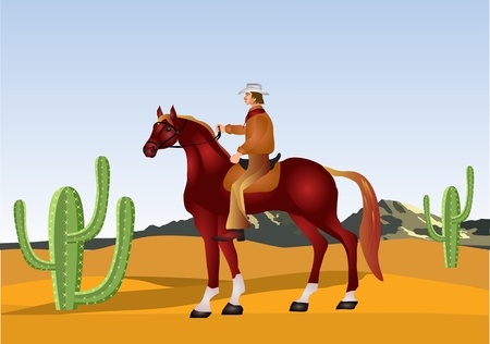 Wild west cowboy on horse in desert illustrationのイラスト素材