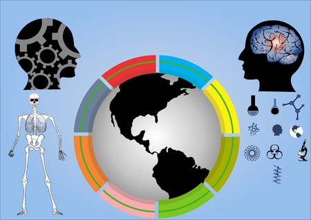 Ecology conceptual illustration. Globe and two black human heads, brain and science symbolsのイラスト素材