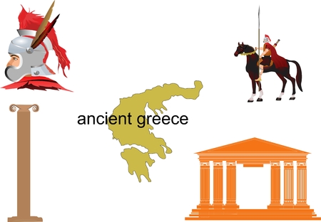 Ancient greece elements set. Warriors head, warrior on horse, temple, greece mapのイラスト素材