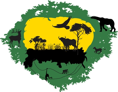 Wildlife vector illustration. Animals and trees black silhouettes on yellow and green backgroundのイラスト素材