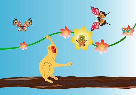 Monkey sitting on tree trunk illustrationのイラスト素材
