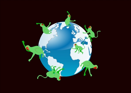 Group of monkeys sitting on earth globe illustrationのイラスト素材
