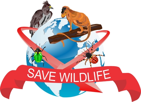 Save wildlife illustration, monkey, eagle and beetles on globeのイラスト素材