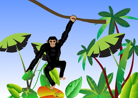 Monkey hanging on vector tree branch. Jungle on backgroundのイラスト素材