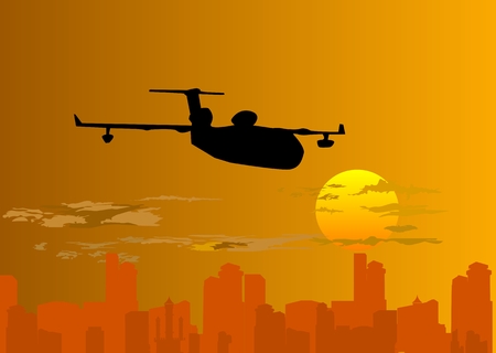 horizontal illustration of city with plane silhouette taking off at sunset.のイラスト素材