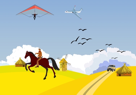 Vector illustration of prairie wild west with cacti and hero of the wild Westのイラスト素材