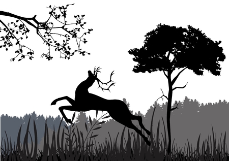 Jumping dear vector silhouette illustration. Natural landscape vector silhouette in background.のイラスト素材