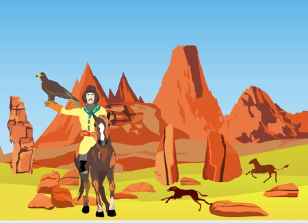 Kazakh rider hunter with eagle in rocky desert. Vector illustrationのイラスト素材