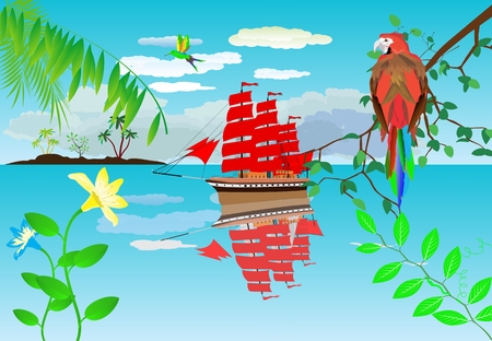 Sailing ship in the tropical bay, parrot on the tre branch.のイラスト素材