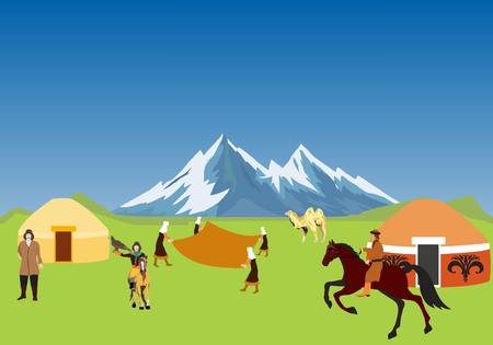 Kazakh aul, nomads dwelling, life in village of nomads kazakhs, Kazakhstan.のイラスト素材