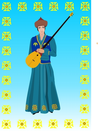 Girl with dombra in kazakh national dress. Vector illustrationのイラスト素材