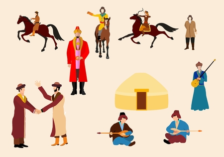 Kazakh people in natrional ethnic dress, vector icons setのイラスト素材