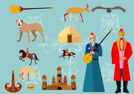 Kazakhstan symbols flat icons set. People in ethnic dress, national sportのイラスト素材