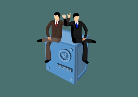The scene presents the 2 Bank employees sitting on safe. Vector conceptual illustrationのイラスト素材