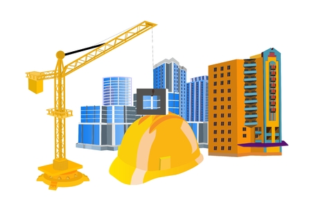 Concept arhitect illustration. Construction helmet, building, building craneのイラスト素材