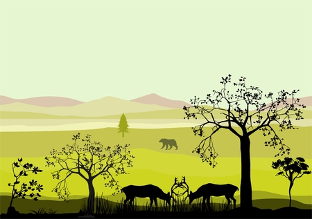 Wildlife forest scene with deers silhouettes, trees and black silhouettes illustrationのイラスト素材