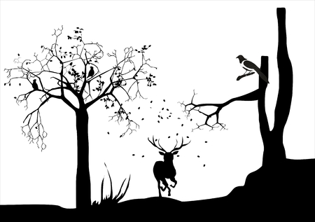 Silhouettes of deer running, monochrome illustration of forest and deer silhouettesのイラスト素材