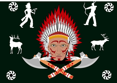 North american red indian man portrait and traditional silhouettes on black backgroundのイラスト素材
