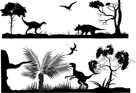 Horizontal monochrome vector silhouettes illustration of ancient dinosurus wildlife scenesのイラスト素材
