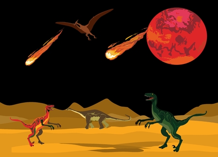 Dinosaurus on ancient desert landsape, comets and red planet on black sky. Wallpaperのイラスト素材