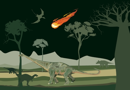 End of the age of Dinosaurs prihistoric scene vector illustration. Diplodok, triceratops, t rexのイラスト素材