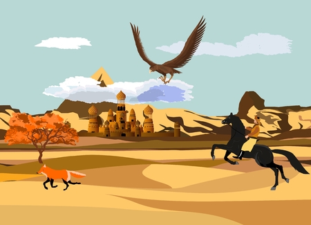 Desert wildlife, nomad on horse hunting with eagle for foxのイラスト素材