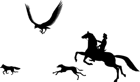Nomad hunting with eagle vector silhouetteのイラスト素材