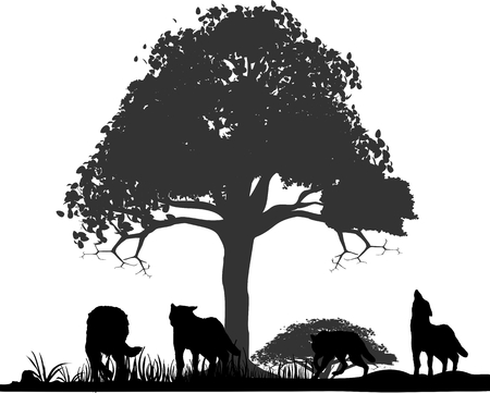 Wolves silhouettes under tree isolated vector illustrationのイラスト素材