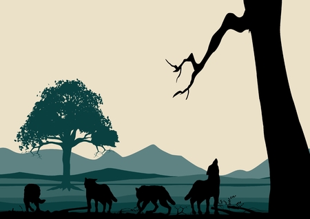 Wolves silhouettes and wildlife vector landscapeのイラスト素材
