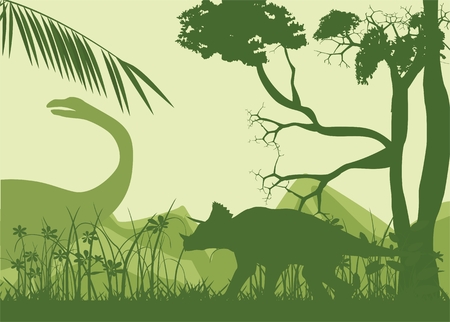 Prehistoric world landcape vector silhouette dinosaurs ageのイラスト素材
