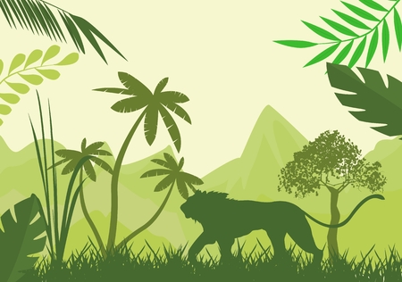 Silhouette of green lion and wild jungle, trees.のイラスト素材